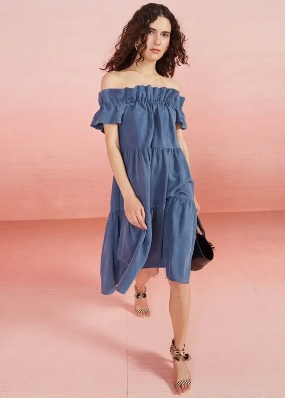 Ulla Johnson Off Shoulder Linen Chambray Tiered Midi Dress Size 4 - Picture 1 of 8